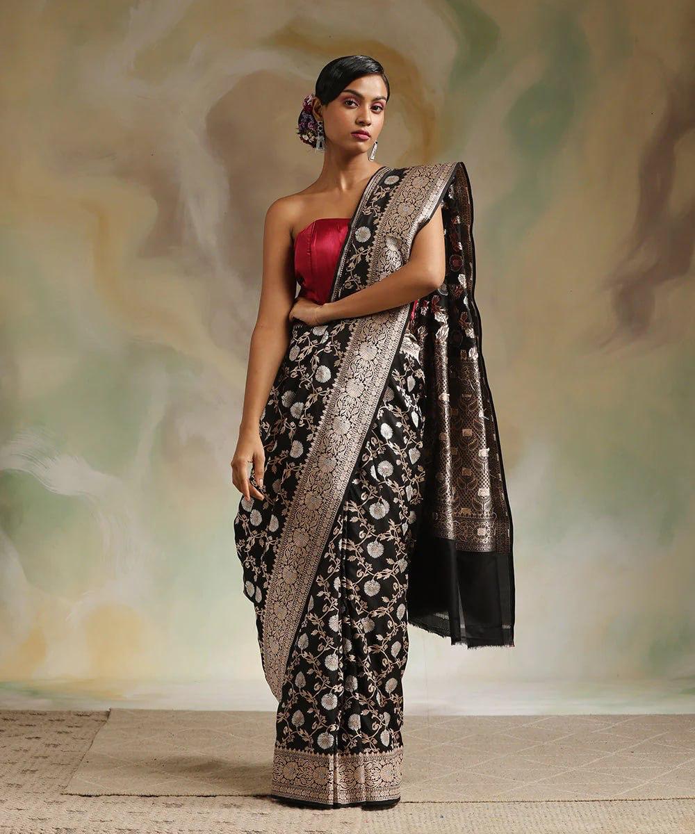 Black Banarasi Silk Saree with Silver Zari Floral Weave & Designer Blouse
