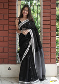 Black Cotton Saree with White Border