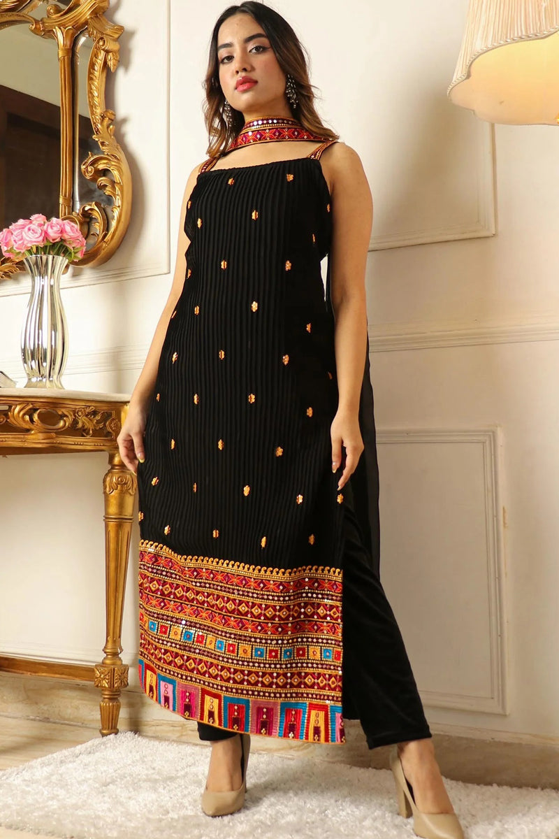 Black Embroidered Kurta Set for Women with Palazzo Pants | Ethnic Printed Designer Kurti Outfit