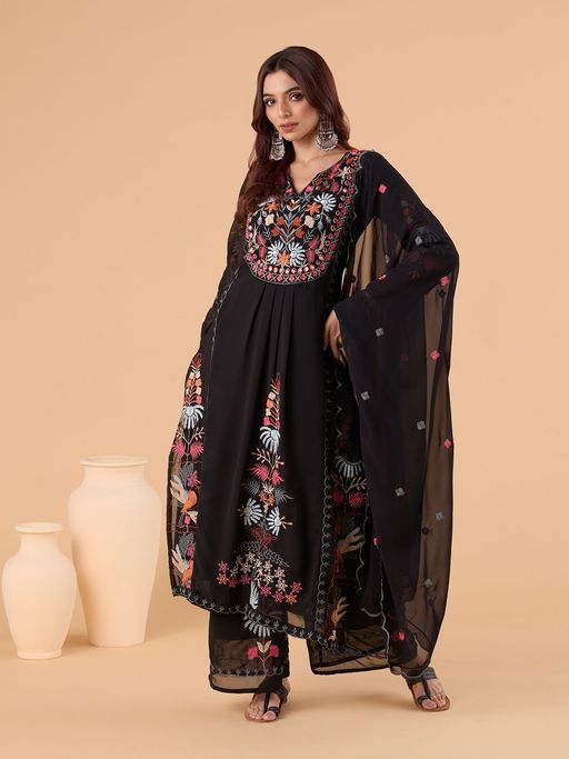 Black Embroidered Kurta Set with Dupatta | Designer Festive & Party Wear Suit