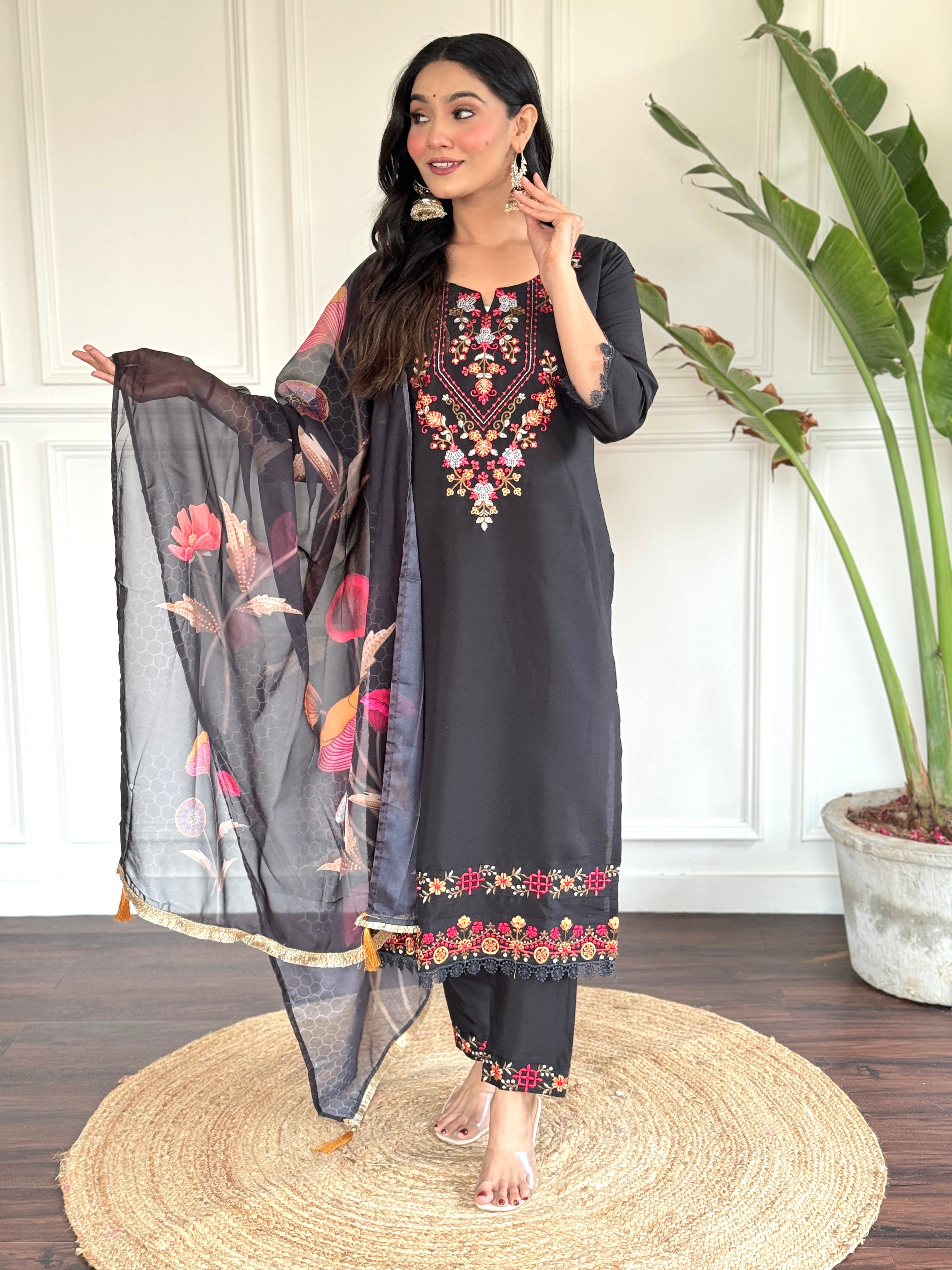 Black Floral Embroidered Kurta Set with Printed Dupatta for Women