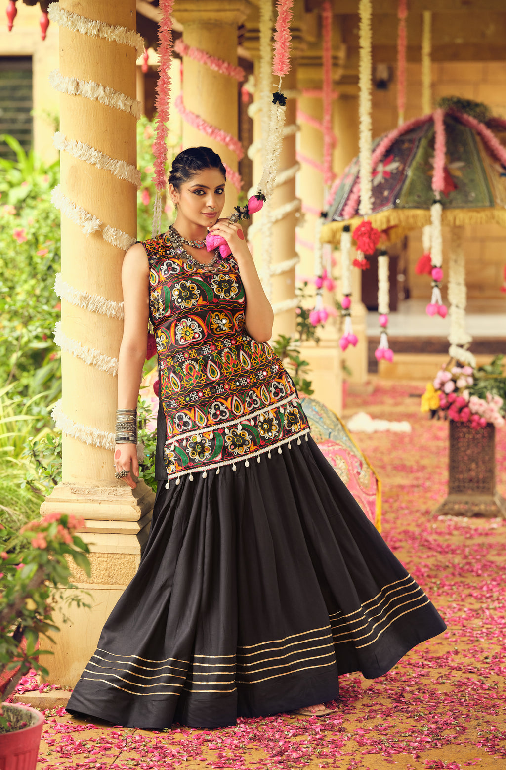 Black Lehenga Set with Multicolor Embroidered Top