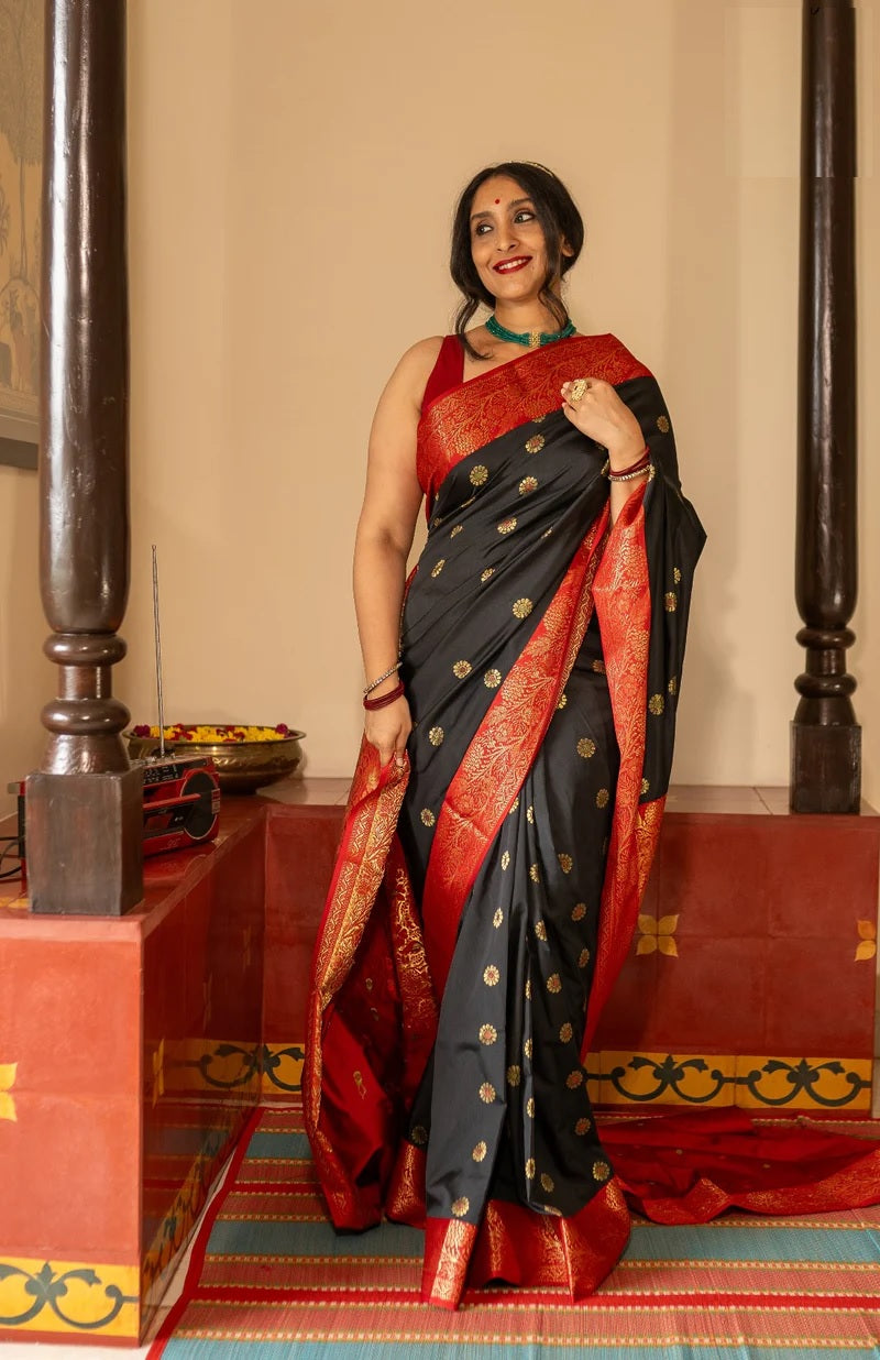 Black Saree with Red Border and Gold Motifs