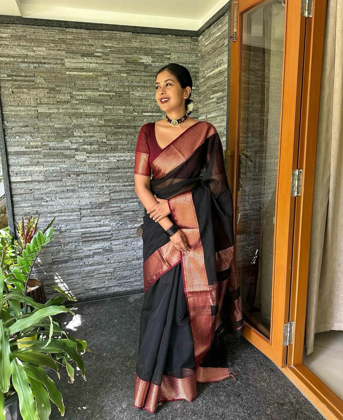 Black Silk Saree with Copper-Gold Border