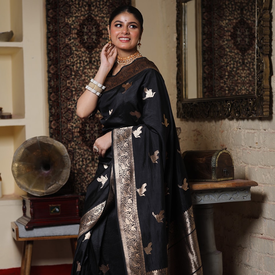Black Silk Saree with Gold Bird Motifs