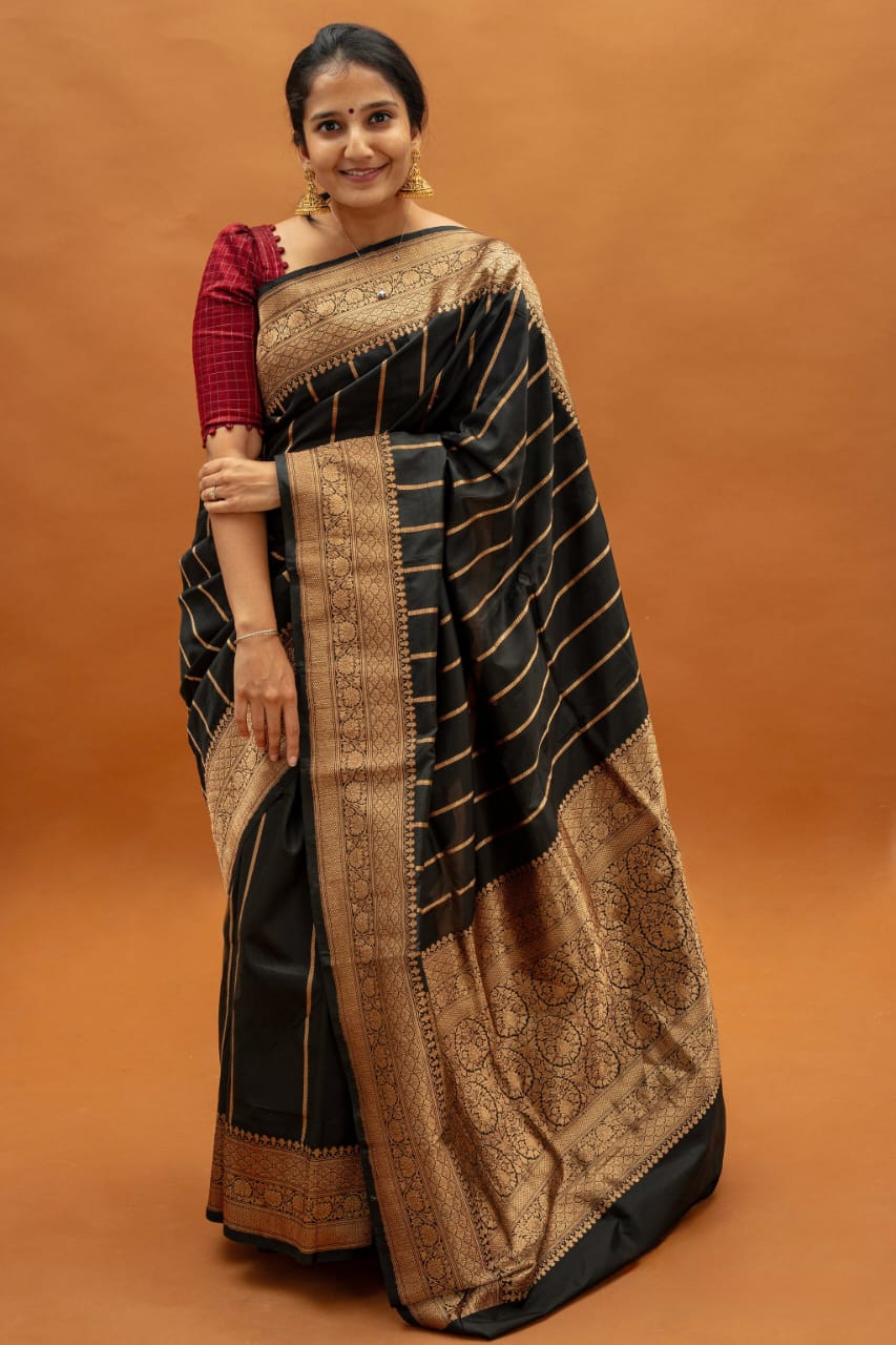 Black Silk Saree with Gold Zari Border