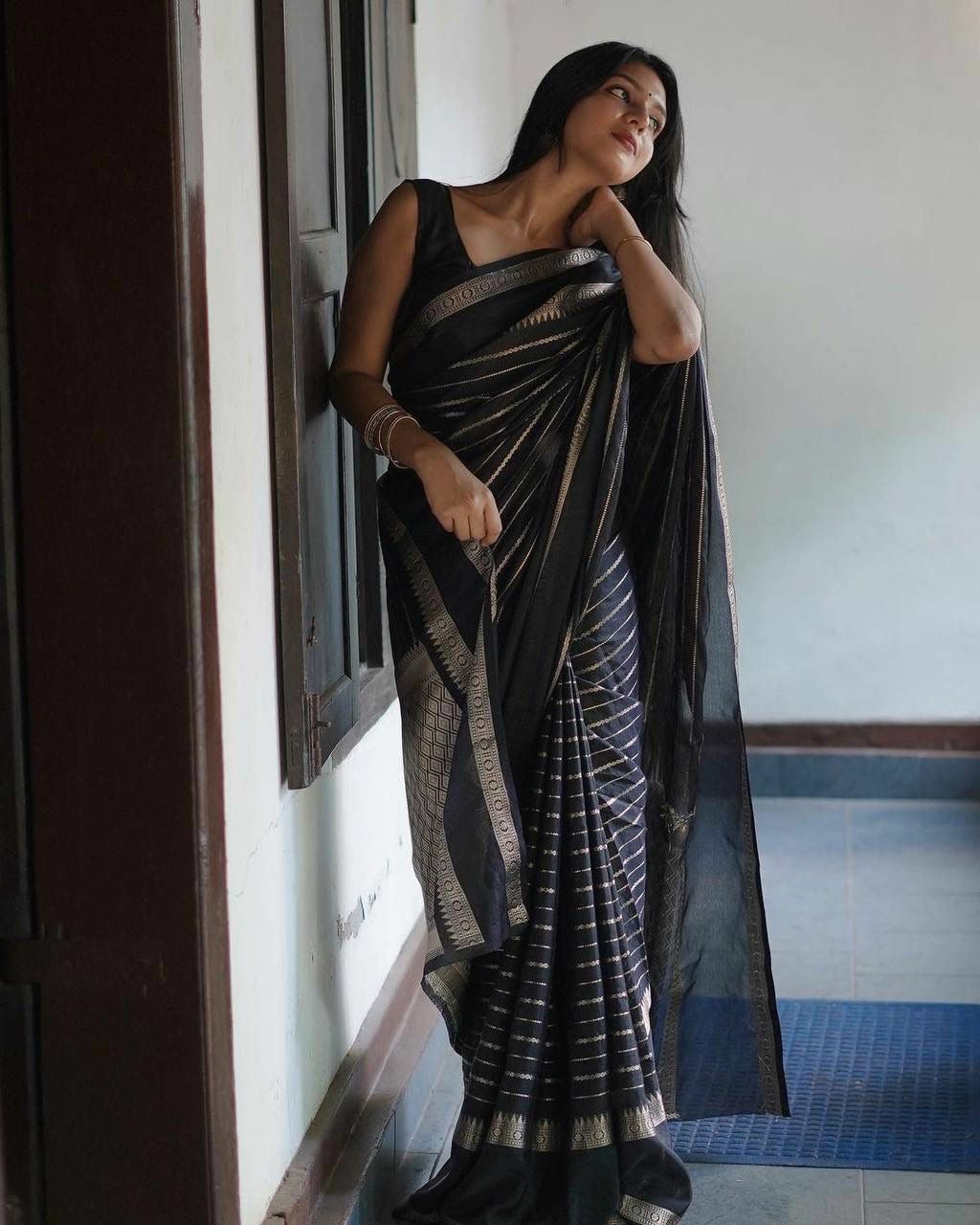 Black Silk Saree with Gold Zari Stripes