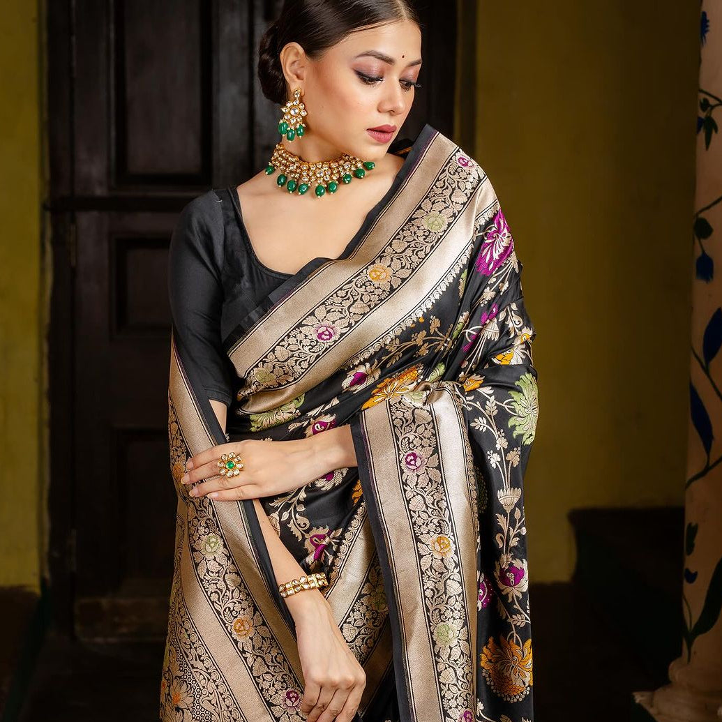 Black Silk Saree with Multicolor Floral Zari Work & Rich Border