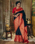 Black Silk Saree with Red-Gold Brocade Pallu