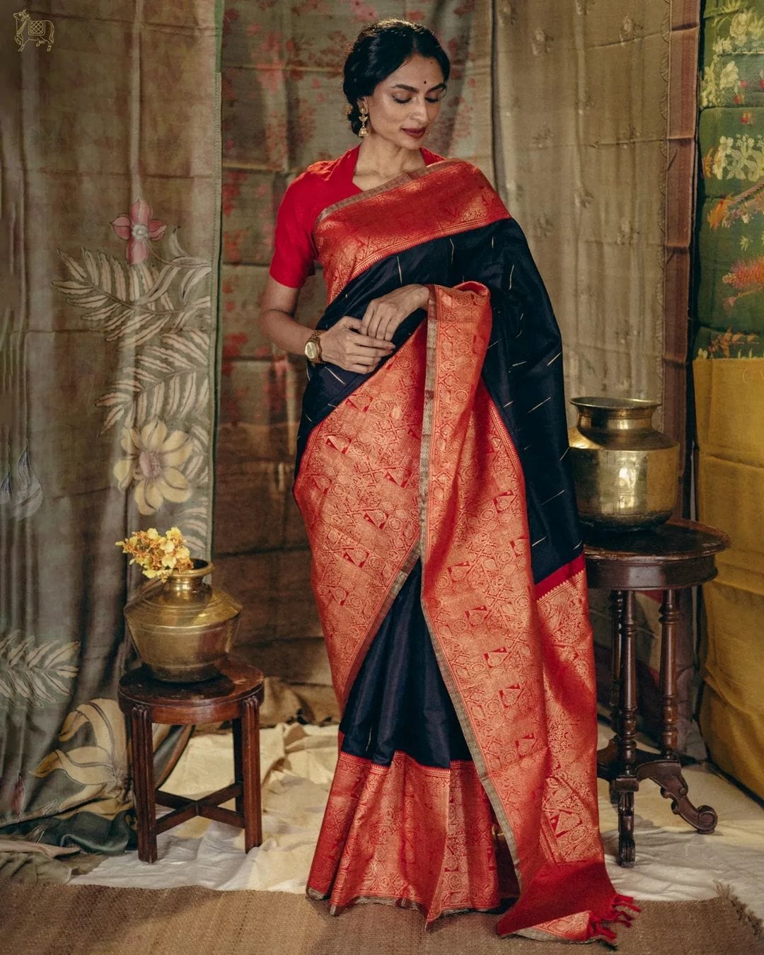 Black Silk Saree with Red-Gold Brocade Pallu