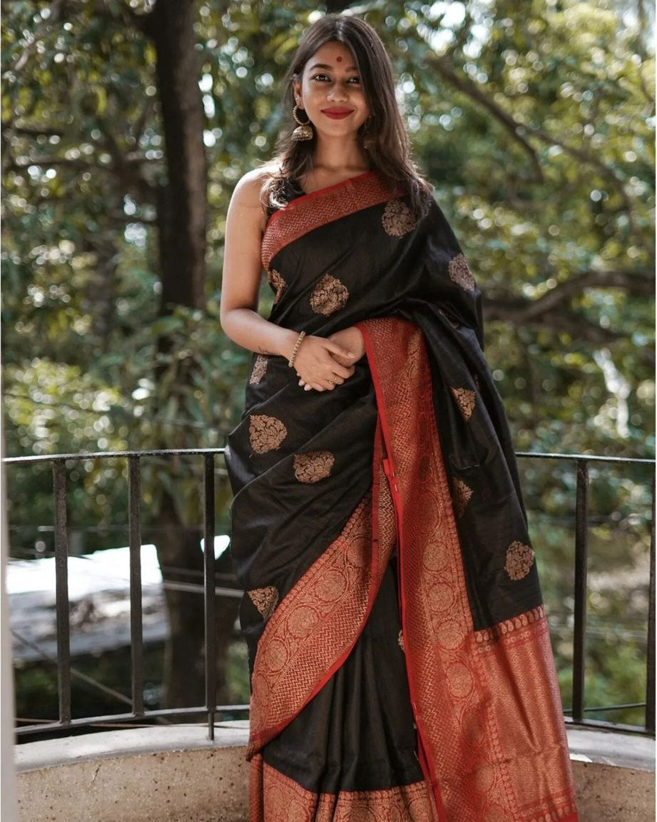 Black Silk Saree with Red & Copper-Gold Border