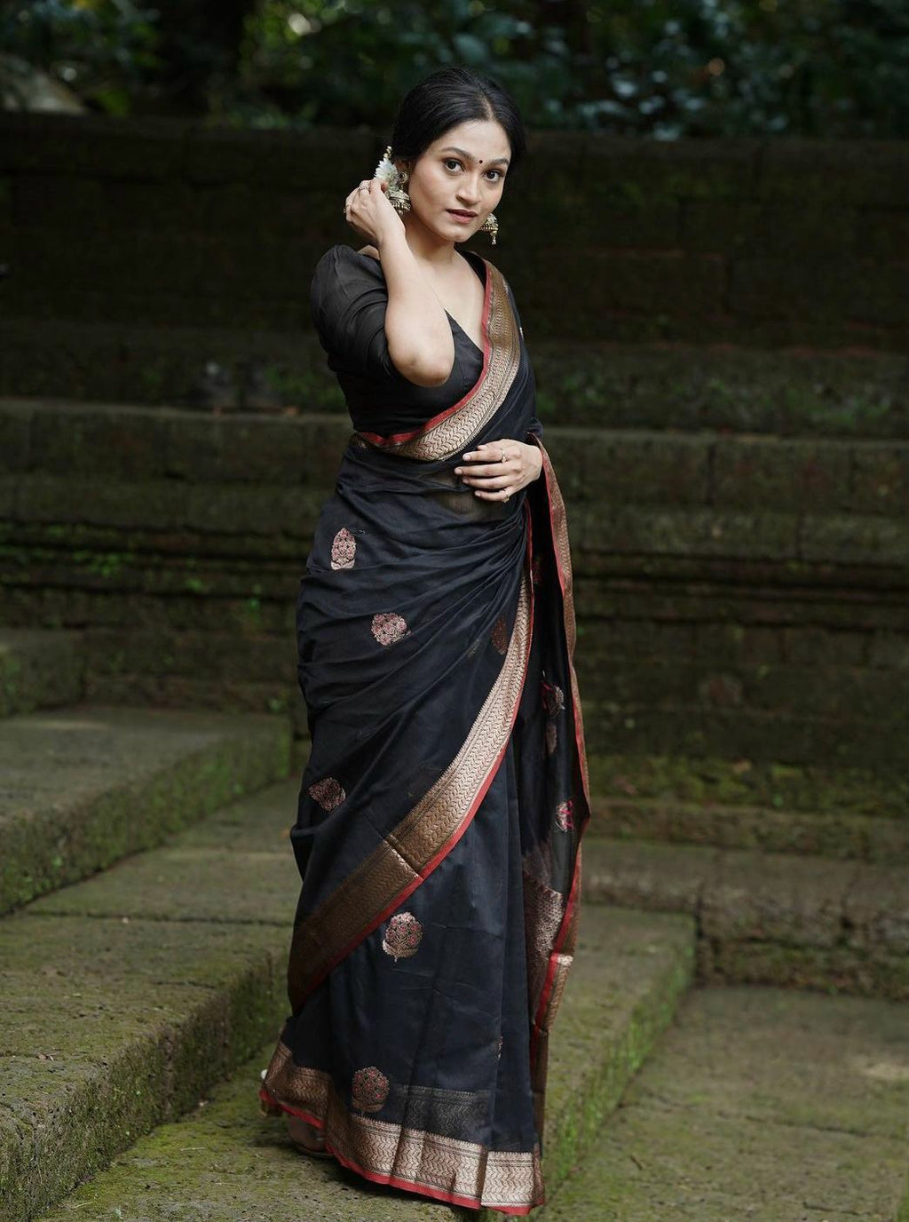 Black Silk Saree with Red & Gold Border