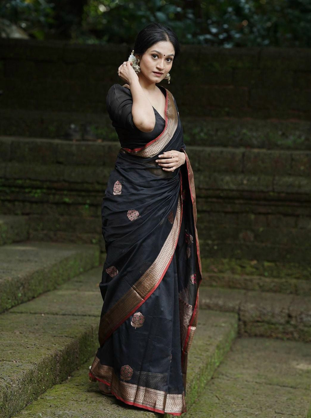 Black Silk Saree with Red & Gold Border