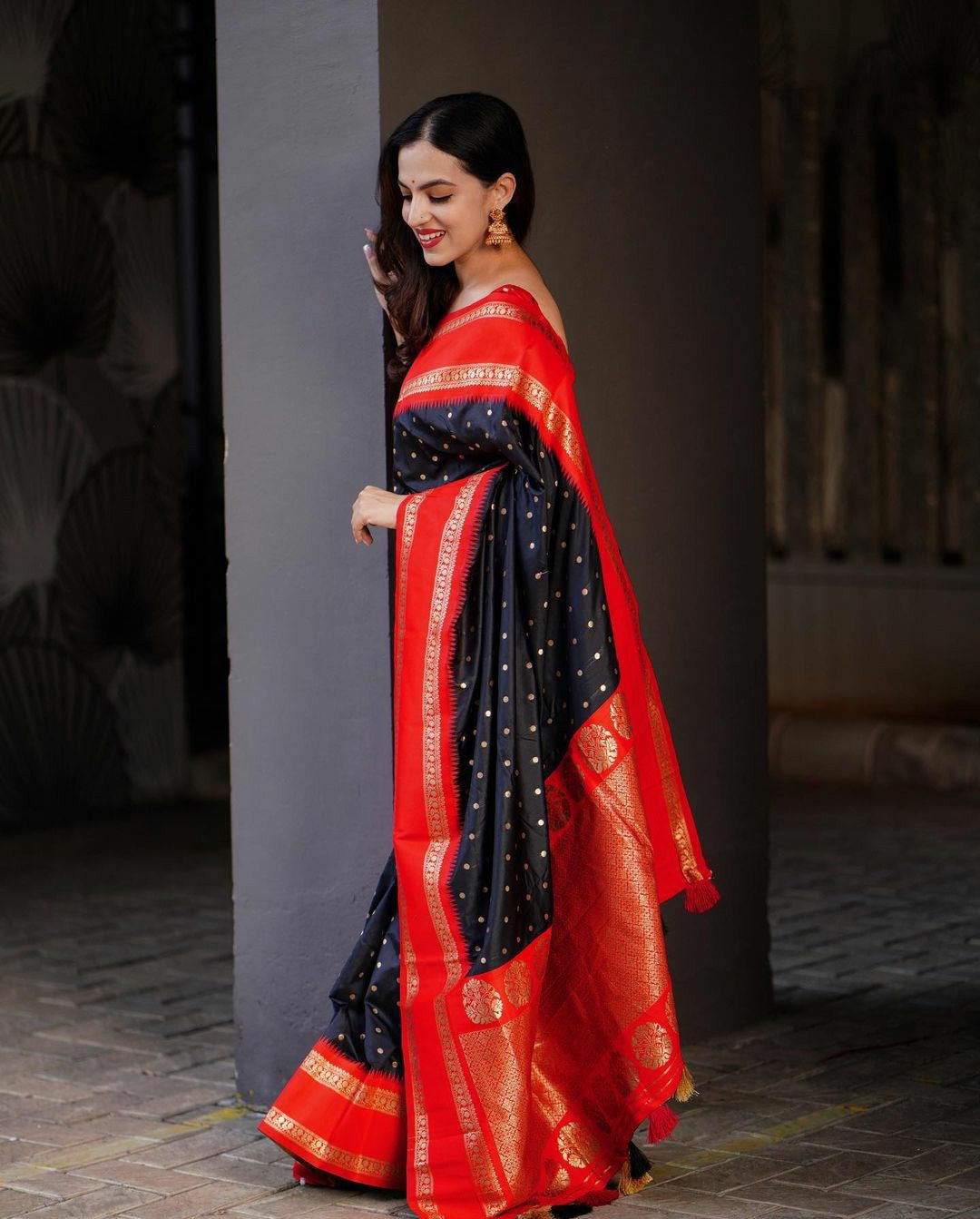 Black Silk Saree with Red & Gold Zari Border