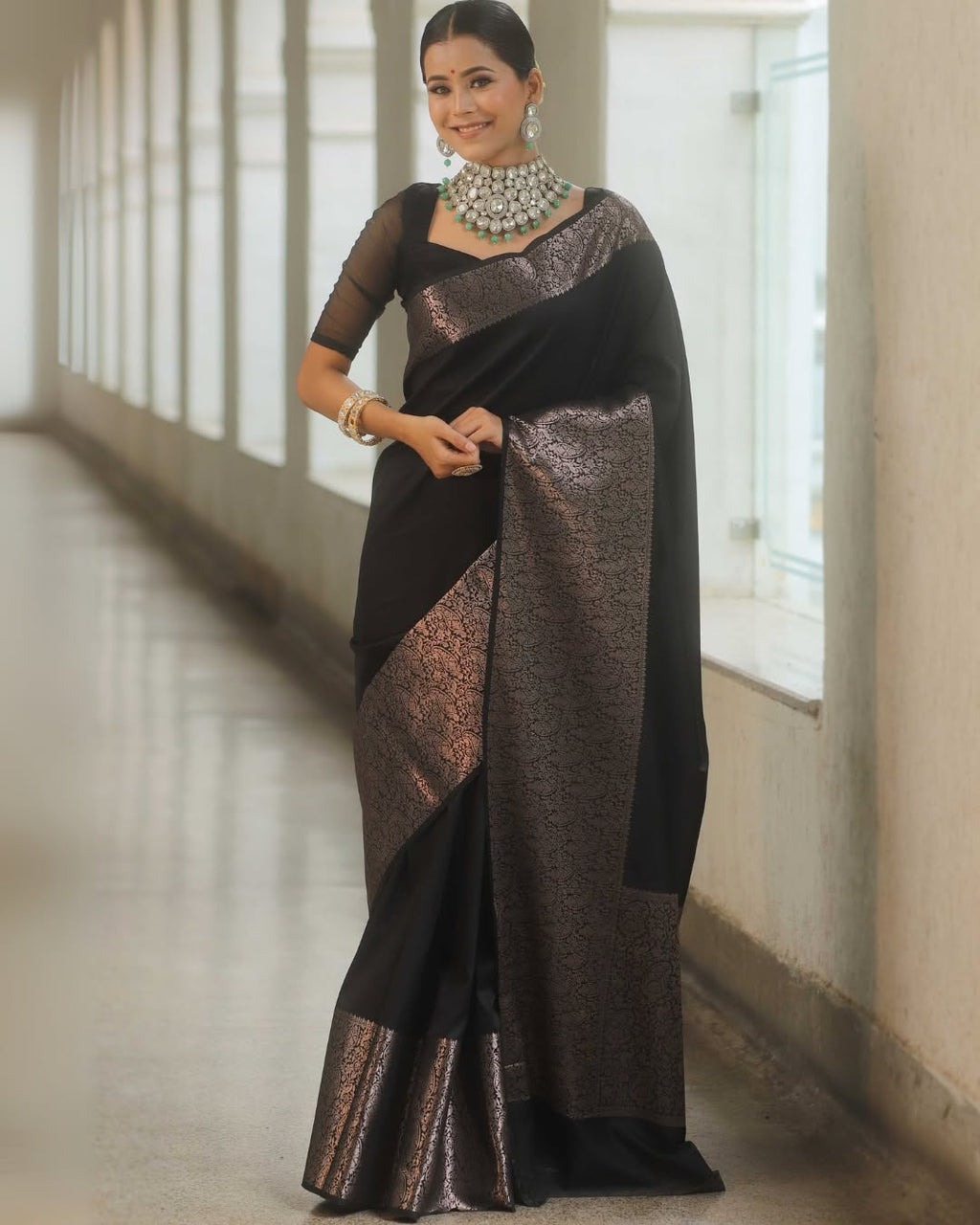 Black Silk Saree with Rose Gold Zari