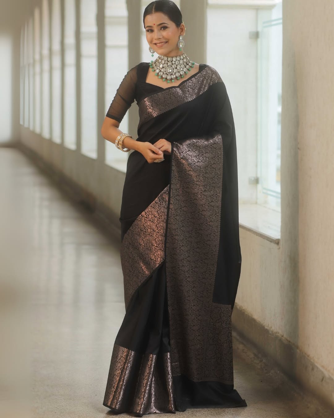 Black Silk Saree with Rose Gold Zari