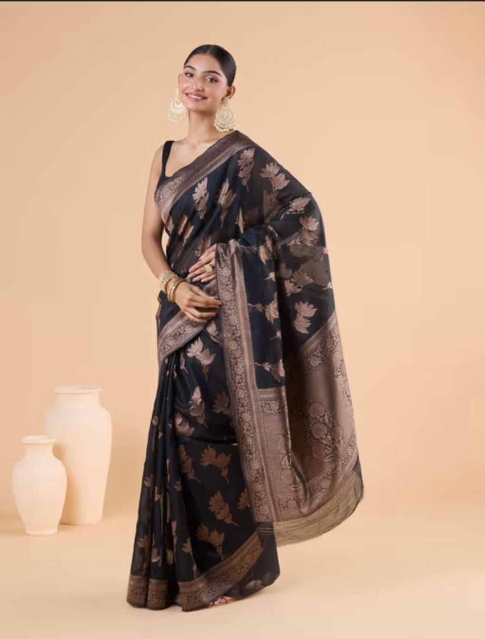  Black Silk Saree with Rose Gold Zari Border