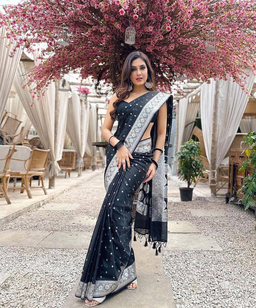 Black Silk Saree with Silver Zari Border