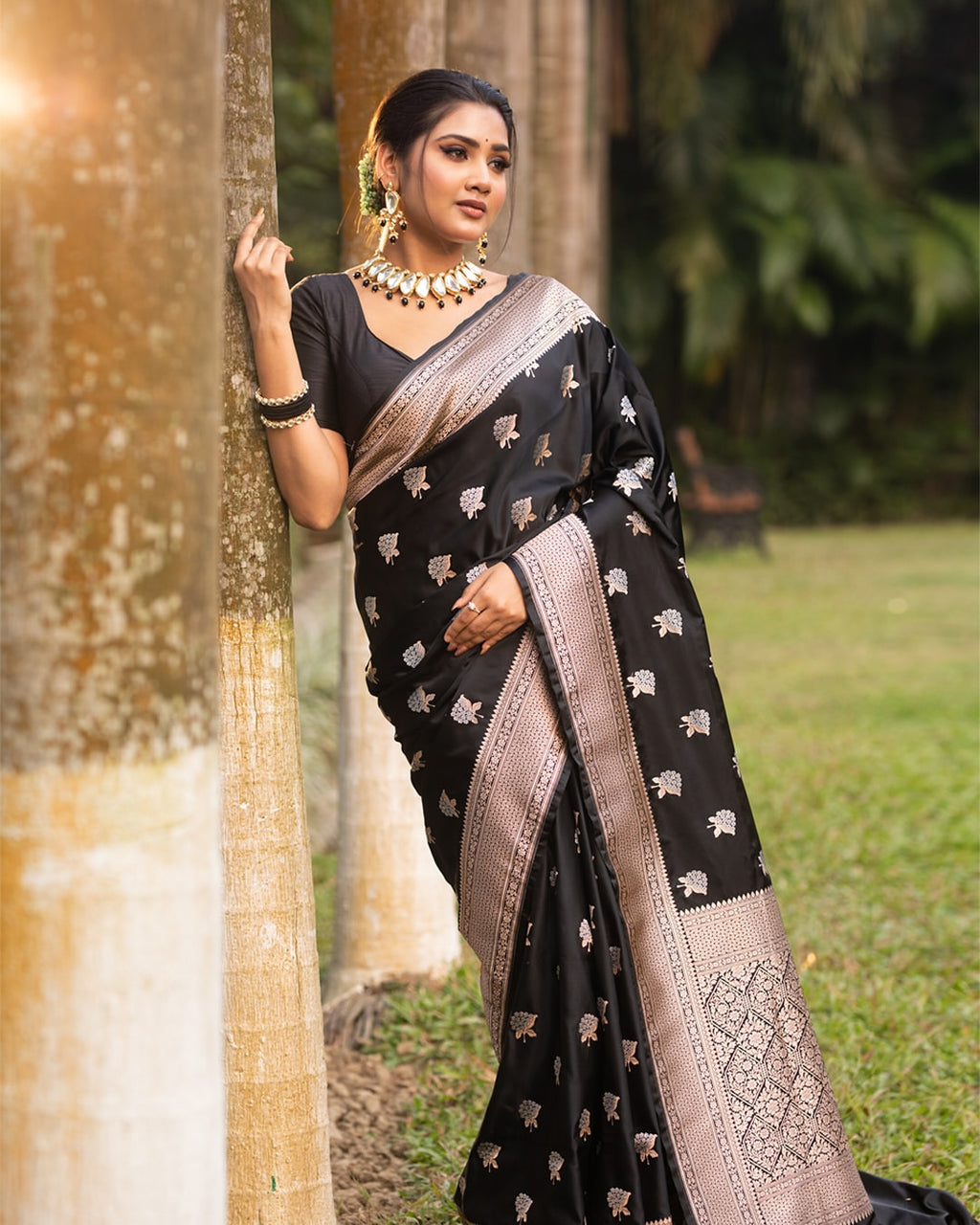 Black Silk Saree with Silver Zari Motifs & Border