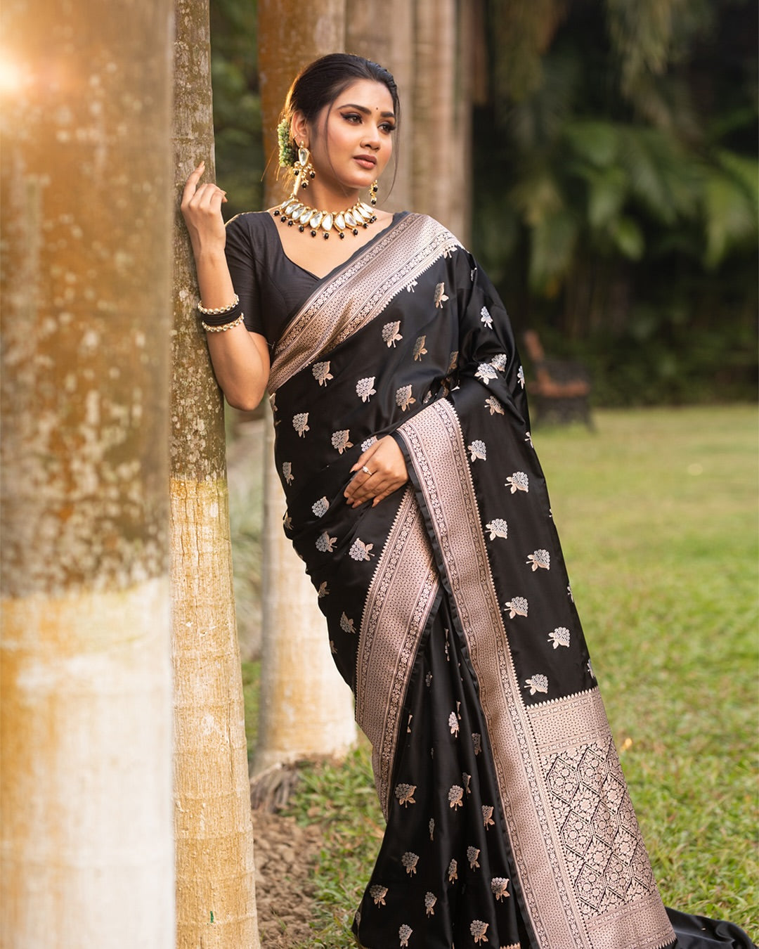 Black Silk Saree with Silver Zari Motifs & Border
