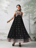 Black Sleeveless Anarkali Dress with Embroidery for Women