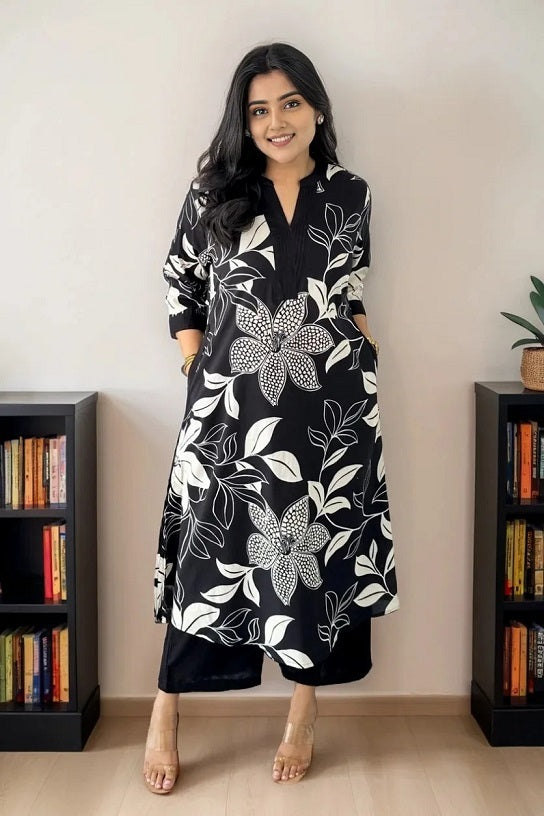 Black White Floral Kurta Set for Women