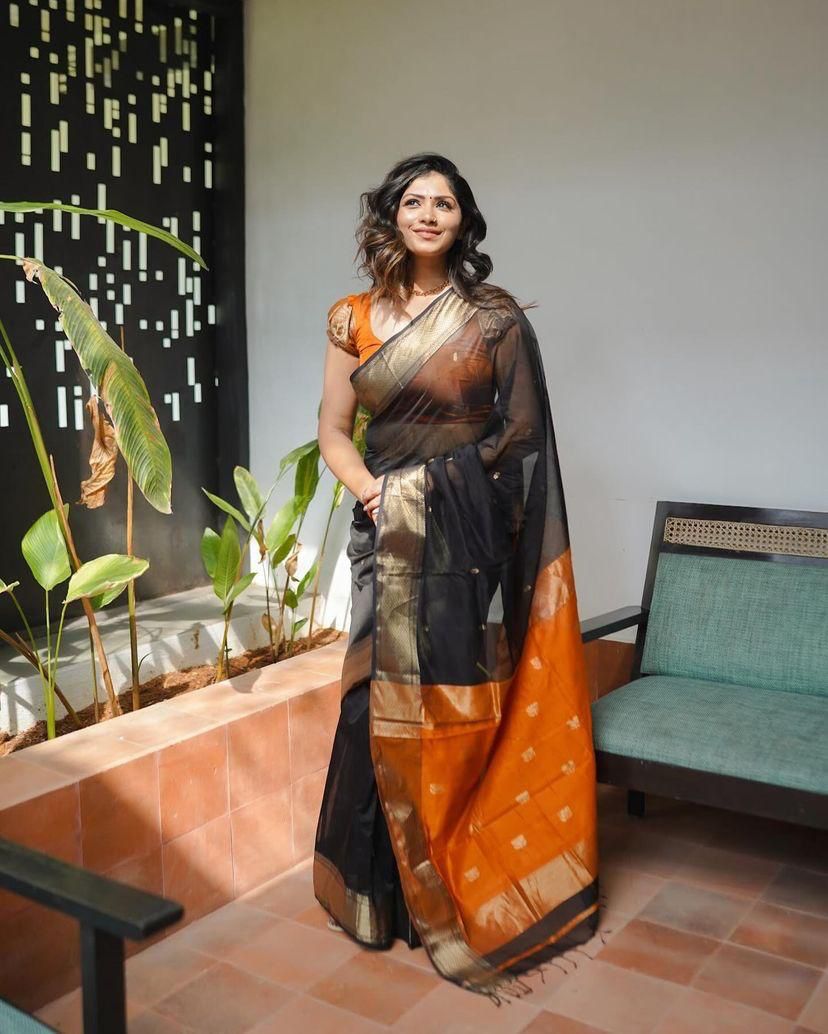 Black and Orange Silk Saree with Golden Border