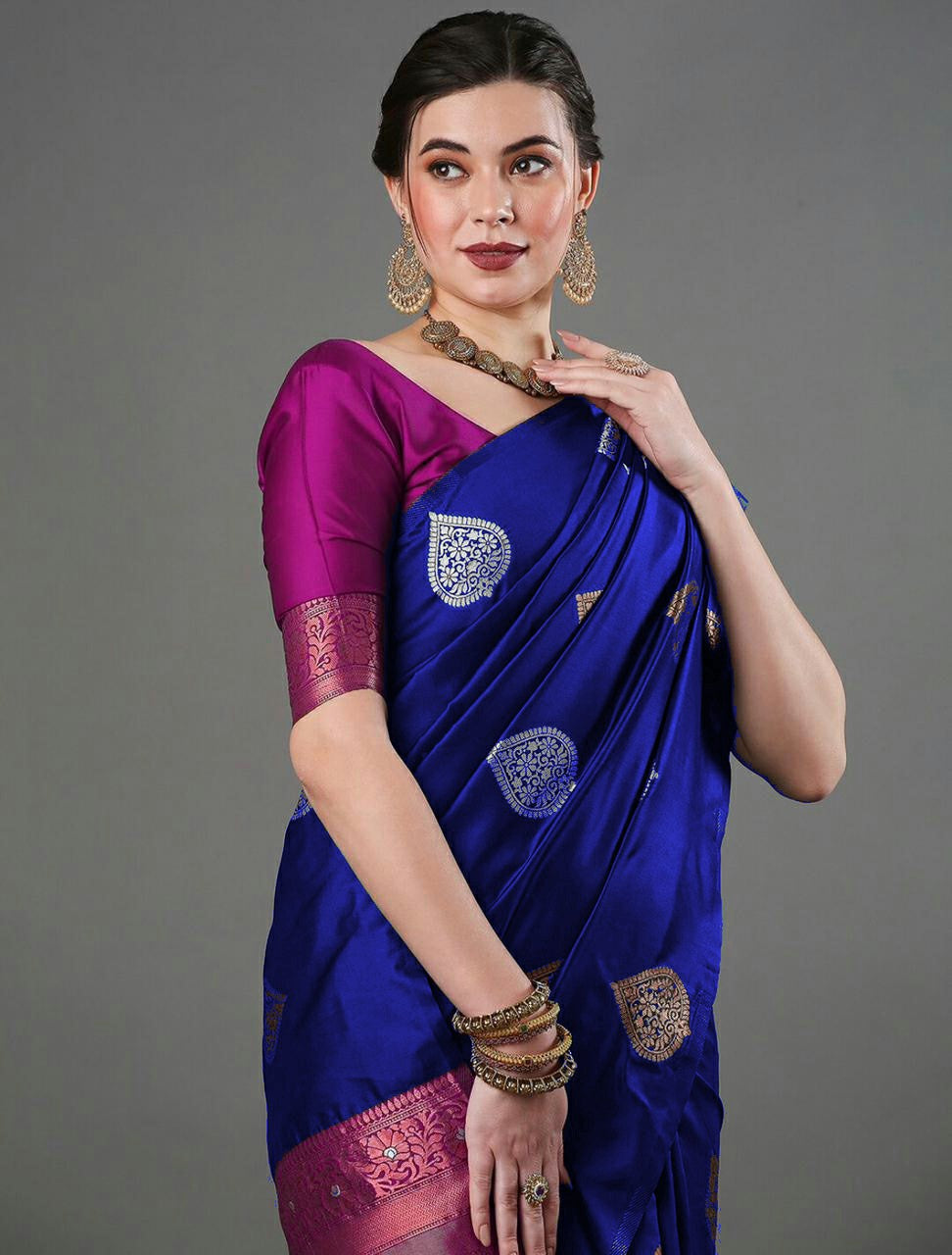 Classic Blue Saree with Metallic Square Weaves