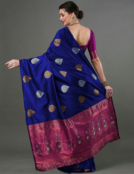 Classic Blue Saree with Metallic Square Weaves