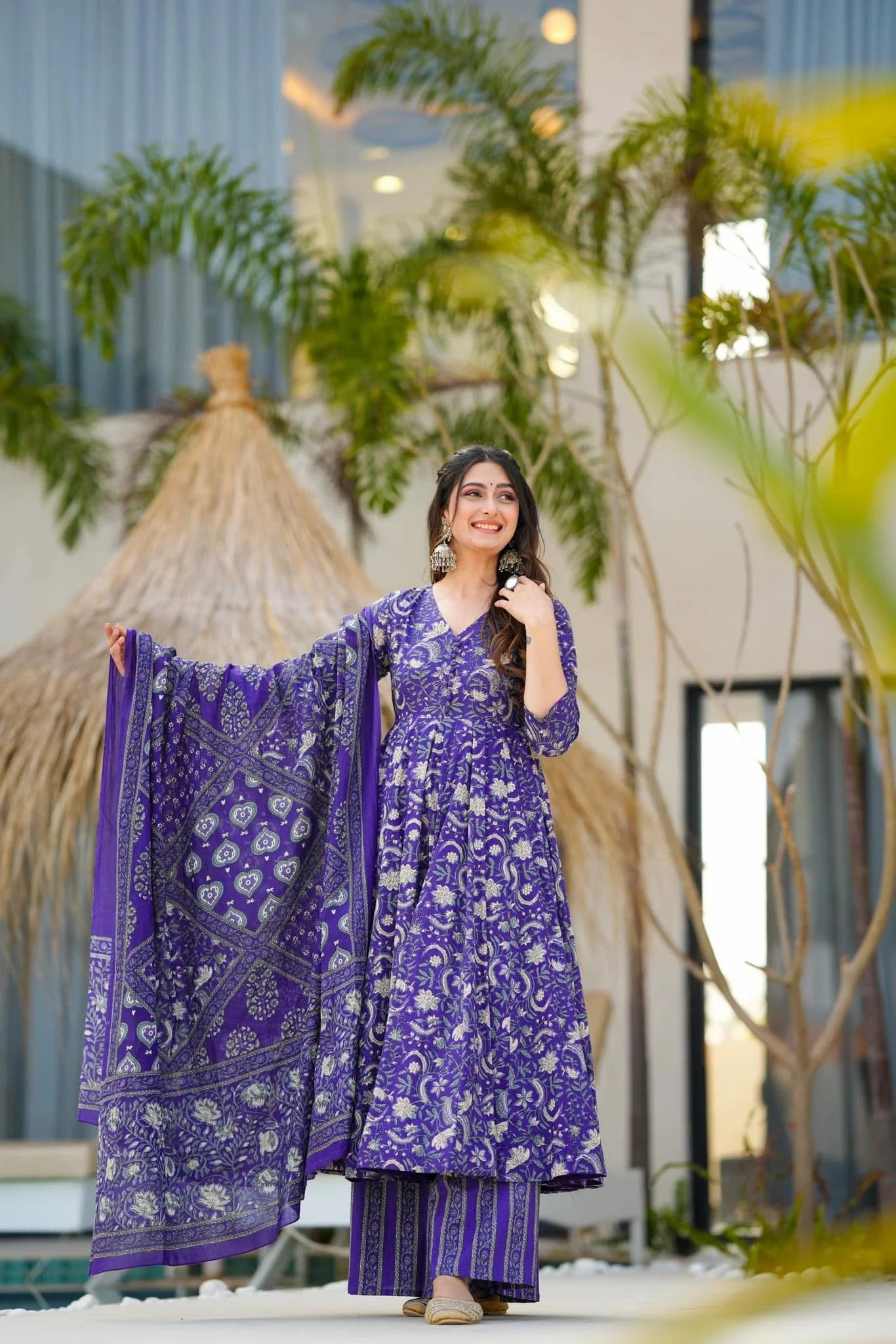 Indigo Blue Floral Printed Cotton Anarkali Suit Set with Printed Dupatta