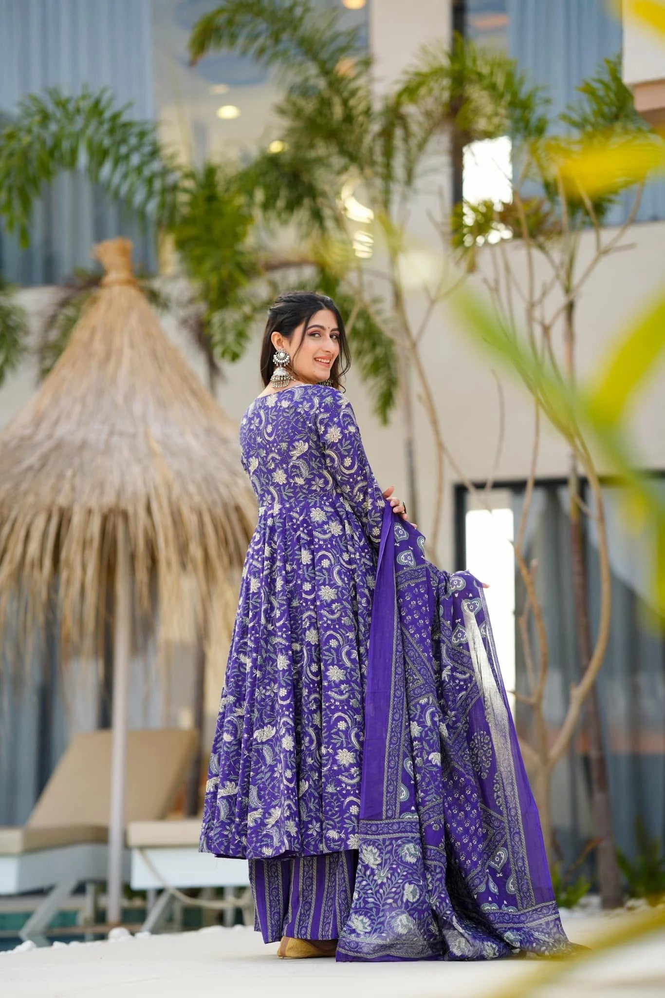 Indigo Blue Floral Printed Cotton Anarkali Suit Set with Printed Dupatta