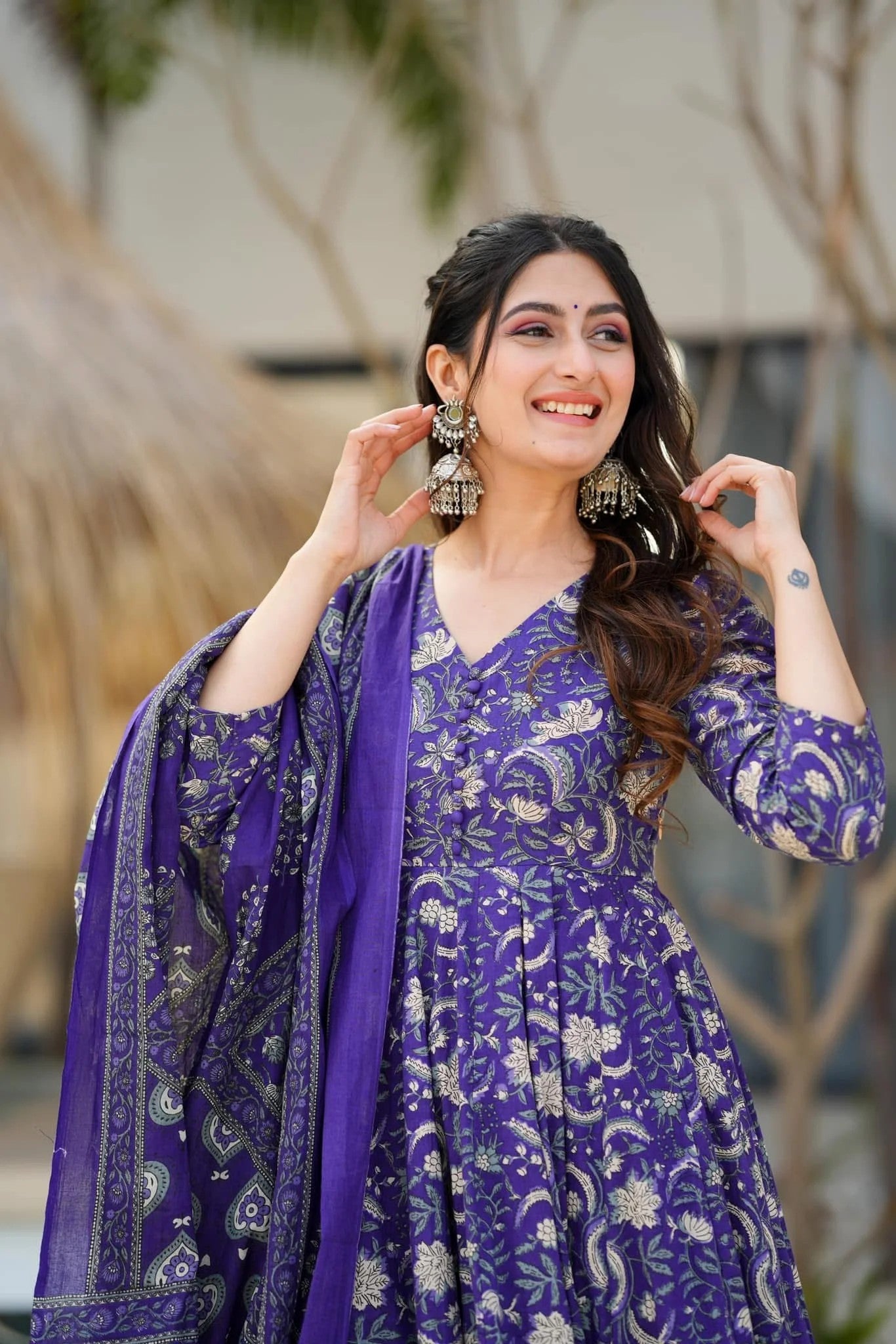Indigo Blue Floral Printed Cotton Anarkali Suit Set with Printed Dupatta