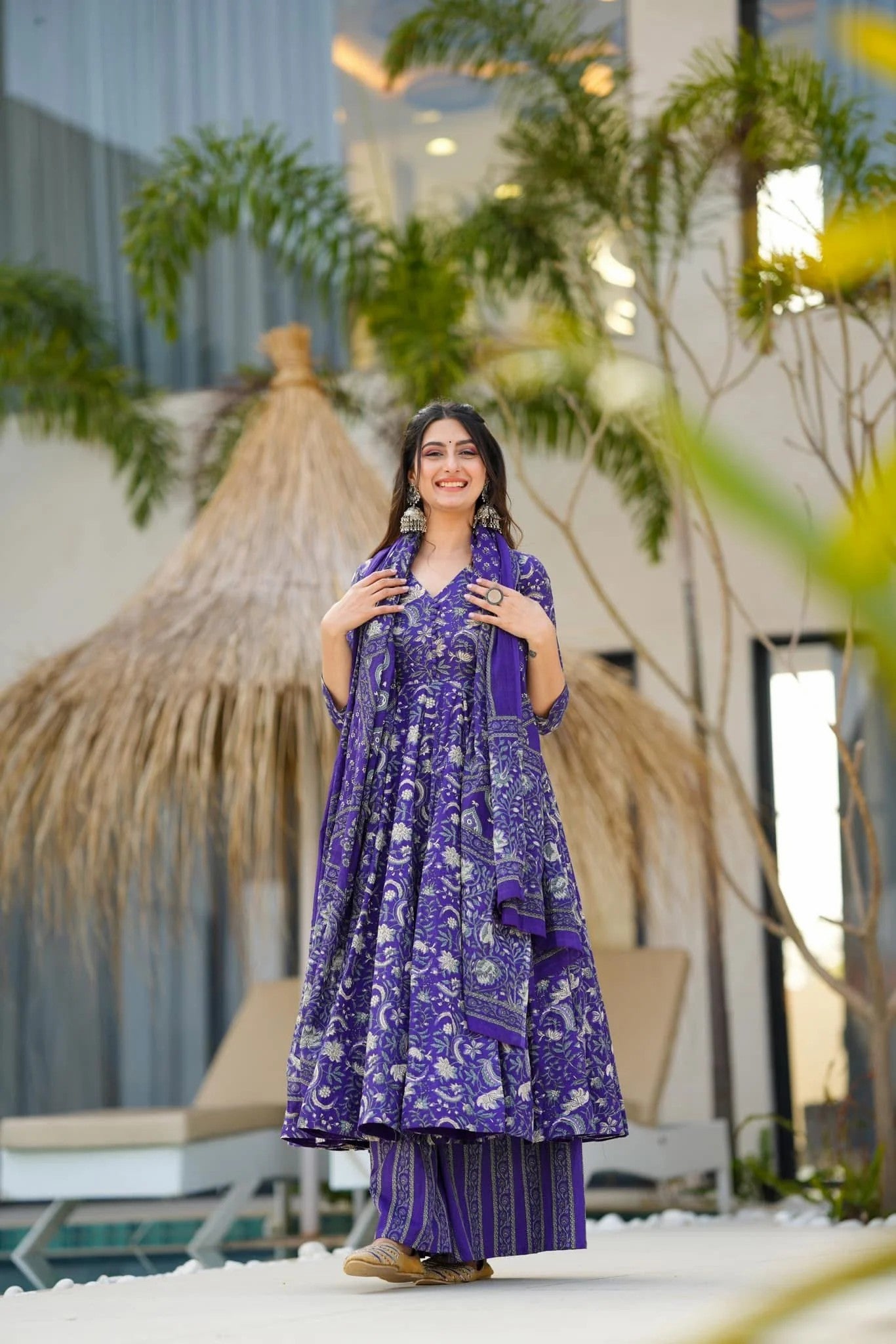 Indigo Blue Floral Printed Cotton Anarkali Suit Set with Printed Dupatta