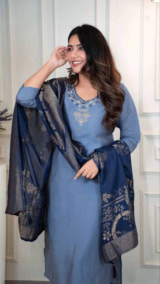 Dusty Blue Kurta Set with Navy Blue Dupatta – Elegant Women’s Ethnic Wear