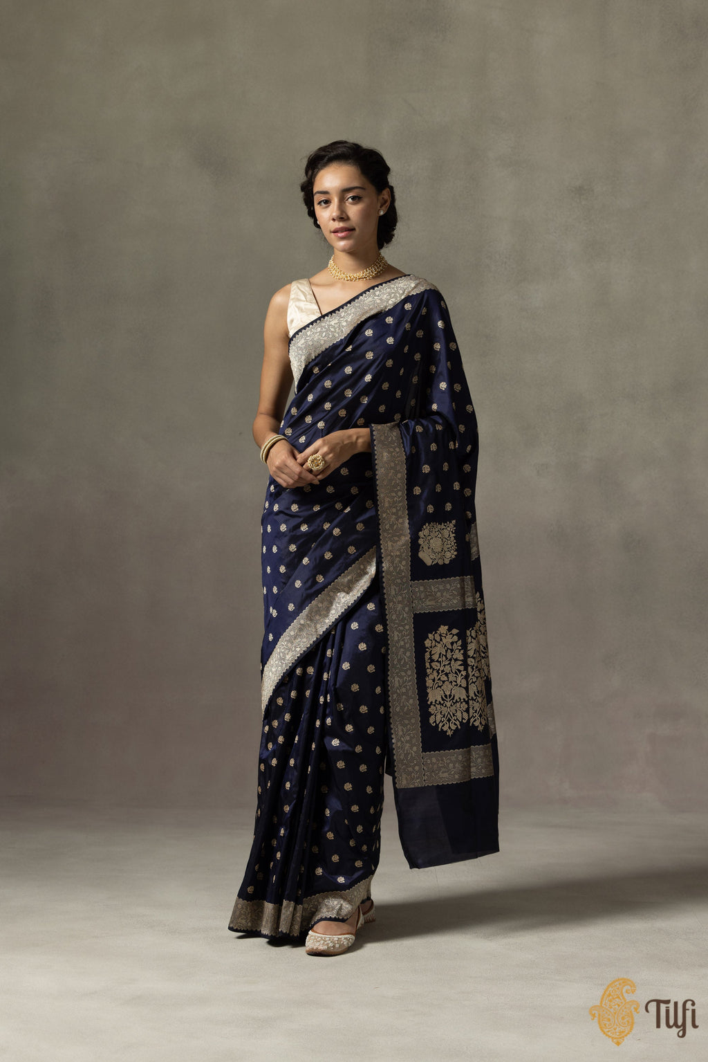  Blue Banarasi Silk Saree with Gold Zari Motifs & Border