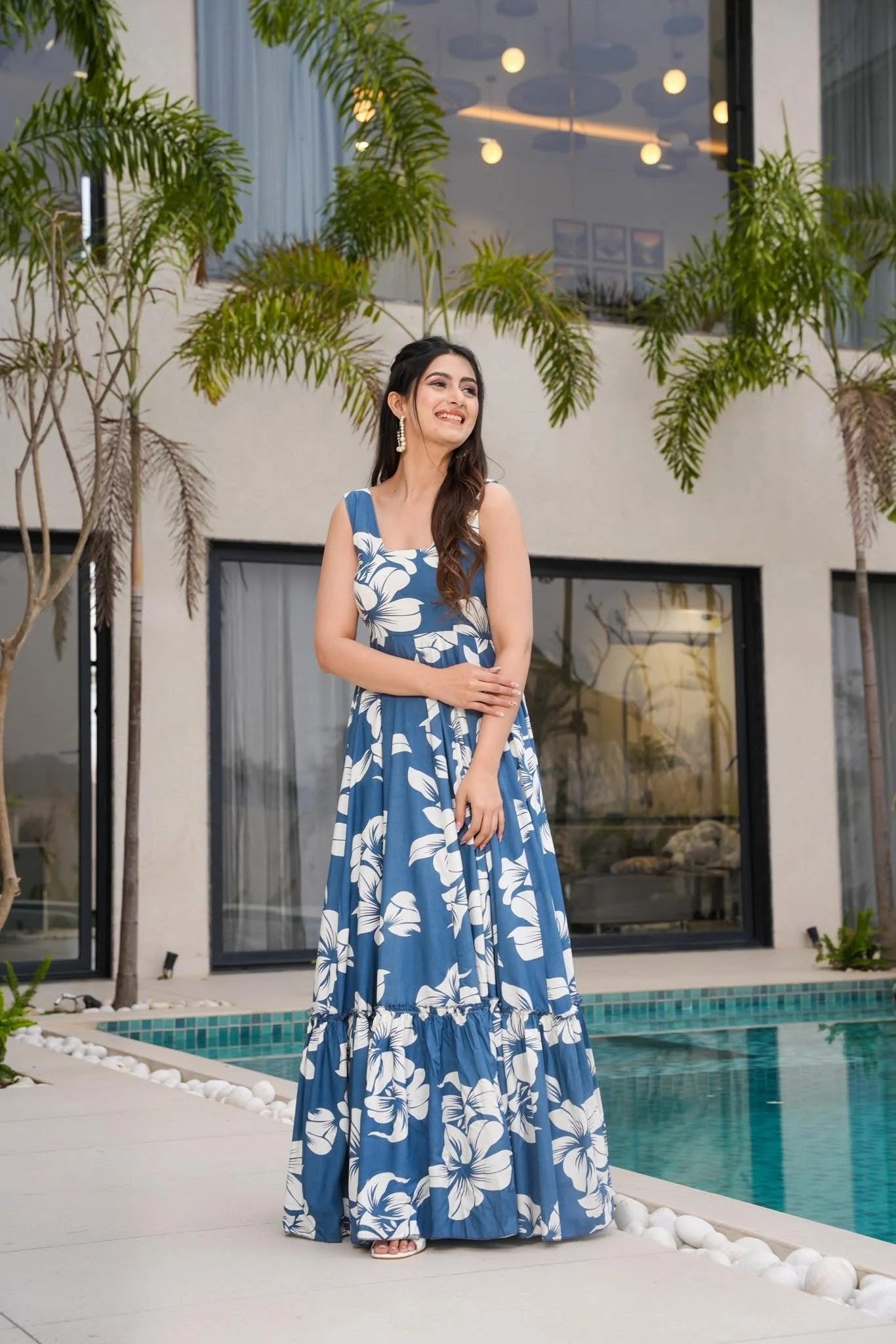 Blue Floral Maxi Dress for Women | Sleeveless Flared Long Dress