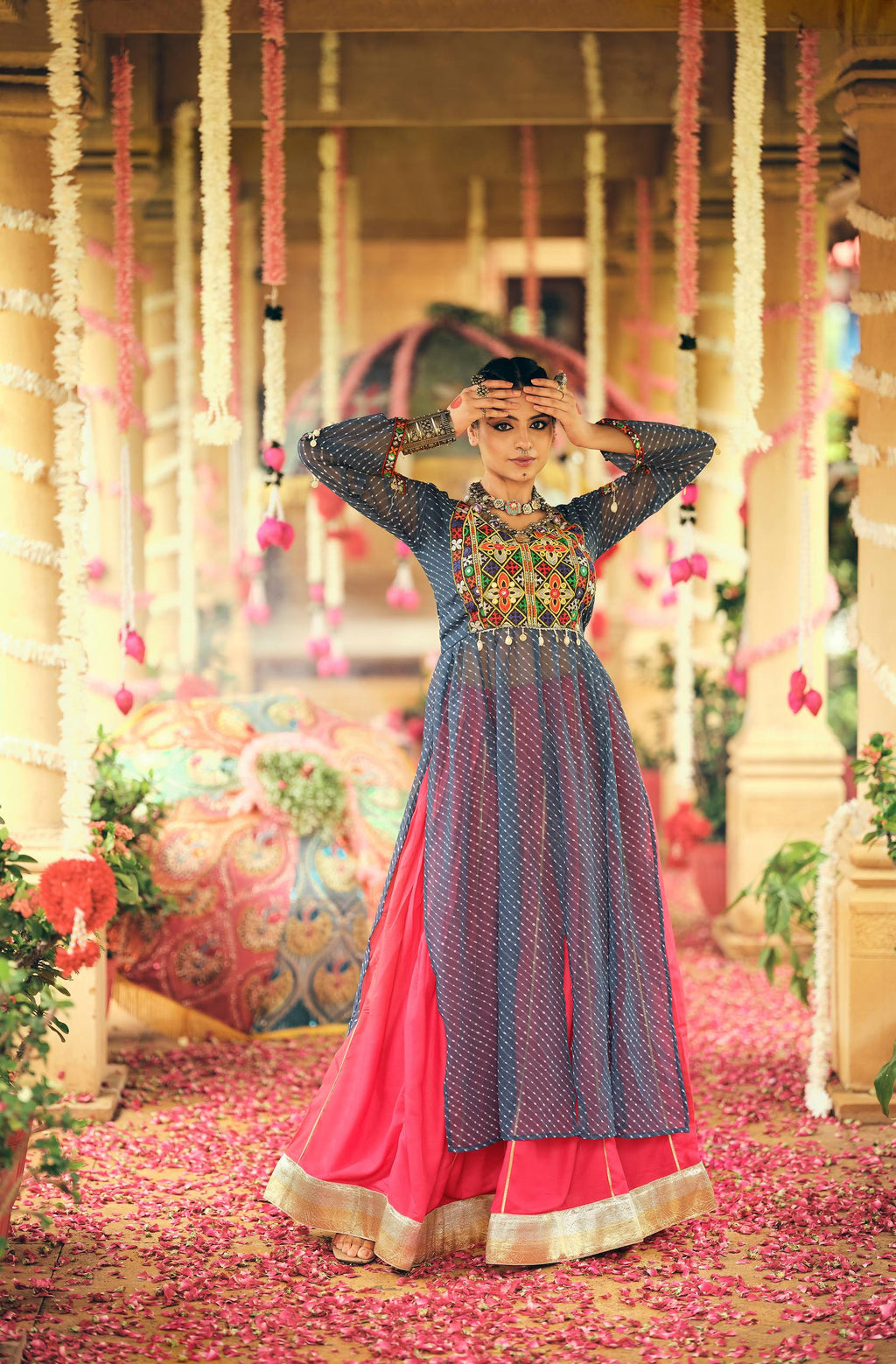 Blue Lehenga Set with Red Contrast & Multicolor Embroidery