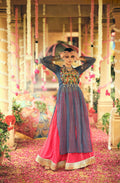 Blue Lehenga Set with Red Contrast & Multicolor Embroidery