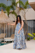 Blue White Printed Maxi Dress for Women | Sleeveless Flared Long Dress