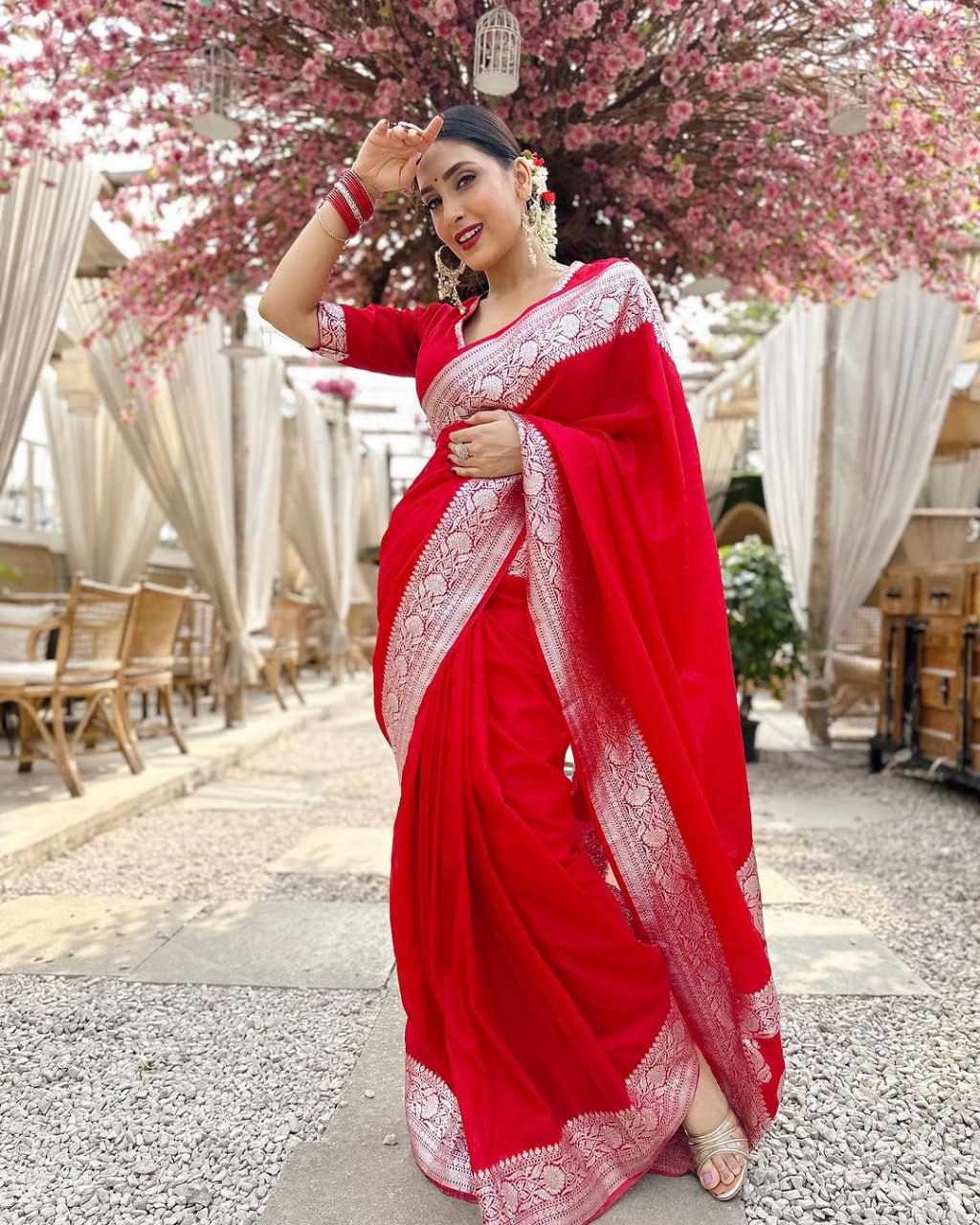 Bright Red Silk Saree with Silver Zari Border