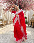 Bright Red Silk Saree with Silver Zari Border