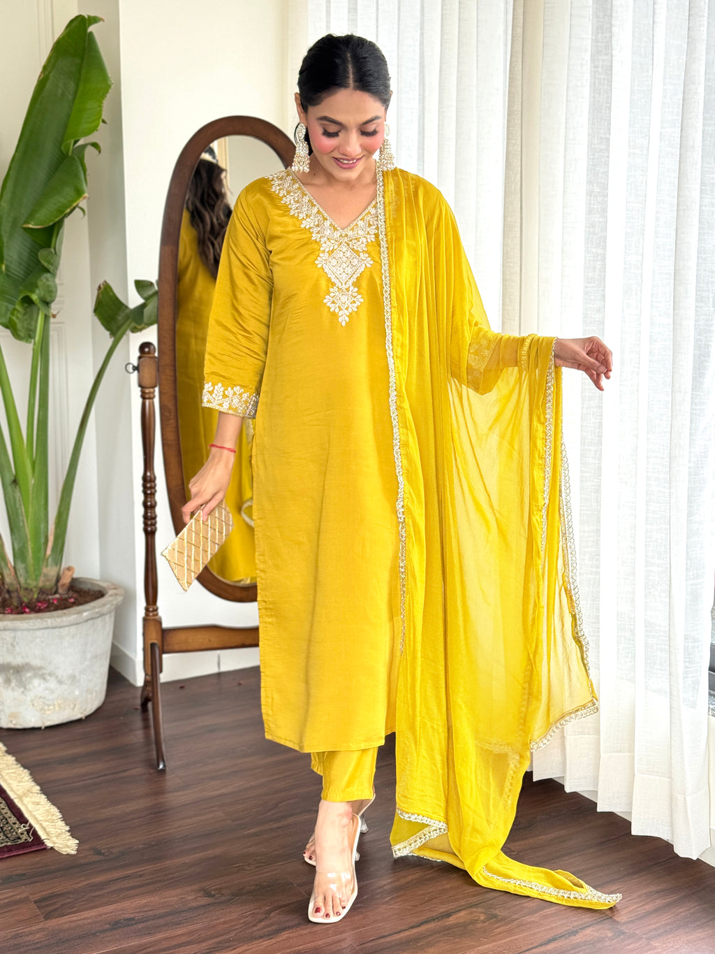 Bright Yellow Embroidered Kurta Set with Dupatta for Women