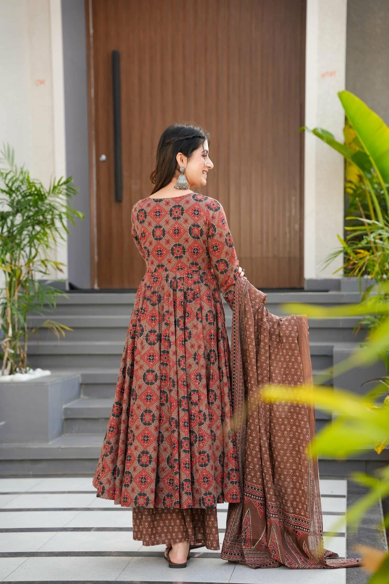 Women's Brown Printed Anarkali Kurta Set with Dupatta
