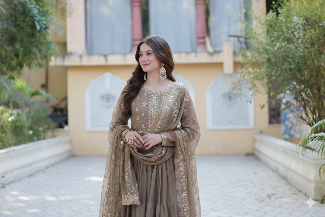 Brown Embroidered Anarkali Kurta Set with Dupatta