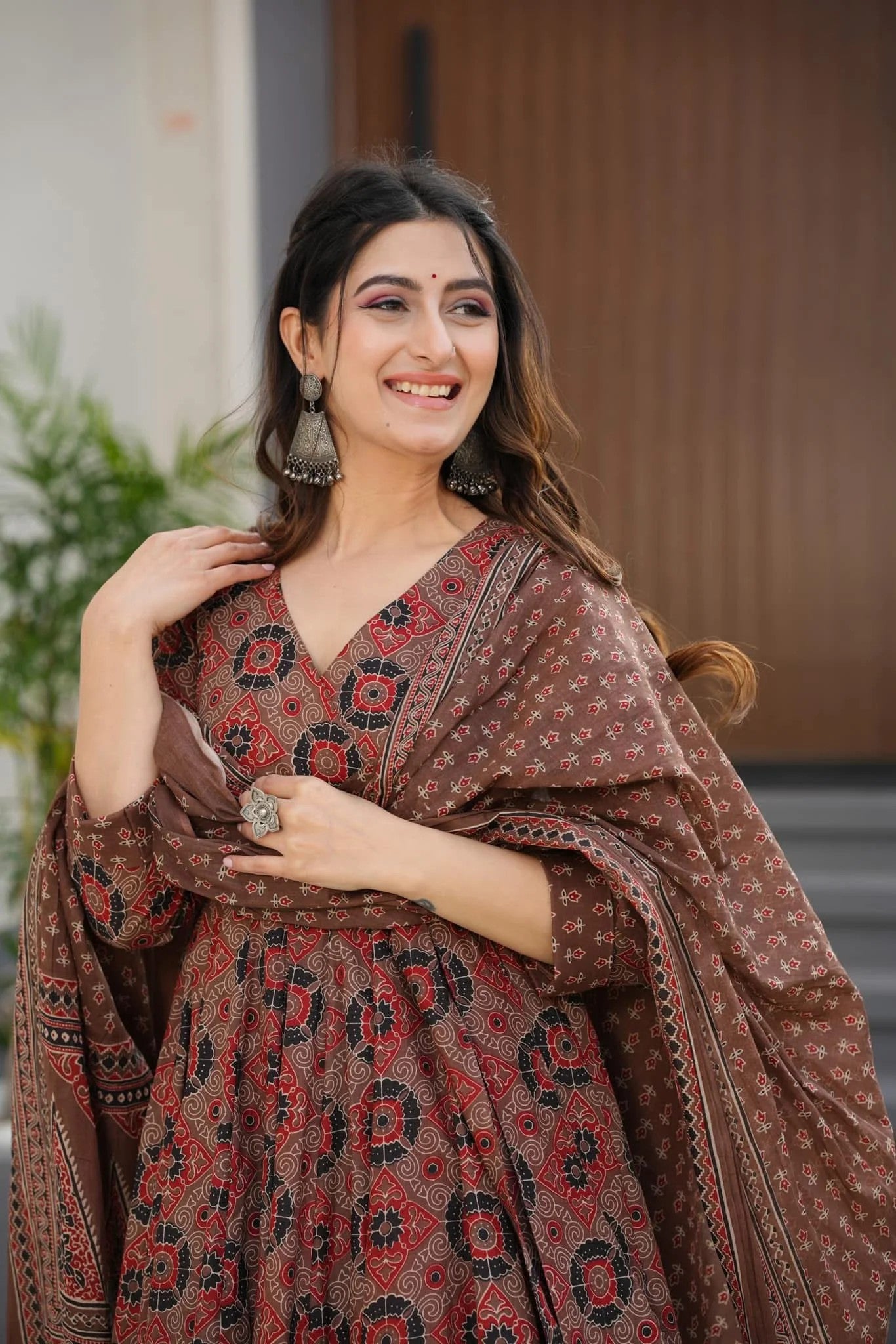 Women's Brown Printed Anarkali Kurta Set with Dupatta