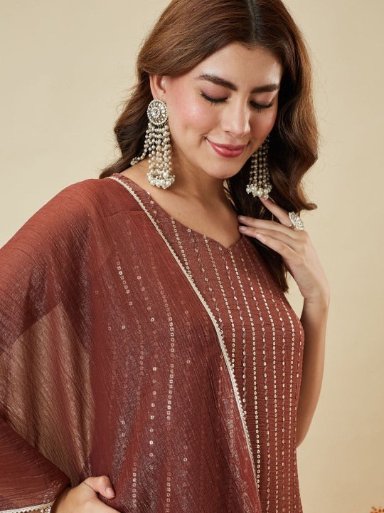 Rust Brown Kurta Palazzo Set with Dupatta