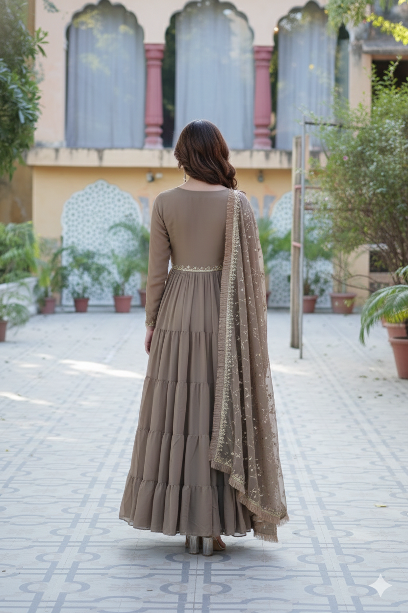 Brown Embroidered Anarkali Kurta Set with Dupatta
