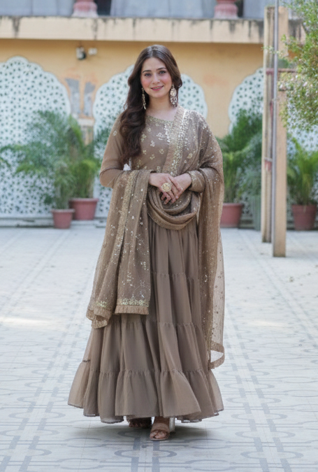 Brown Embroidered Anarkali Kurta Set with Dupatta