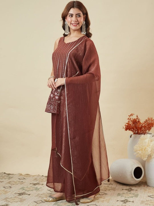 Rust Brown Kurta Palazzo Set with Dupatta