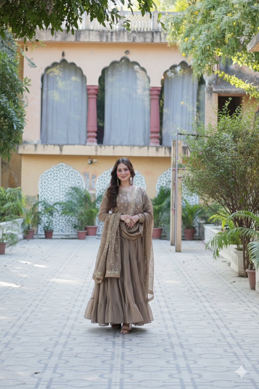 Brown Embroidered Anarkali Kurta Set with Dupatta